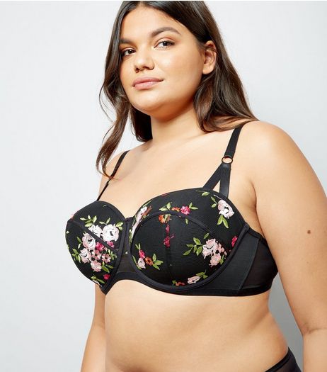 Curves Black Floral Embroidered Balcony Bra | New Look