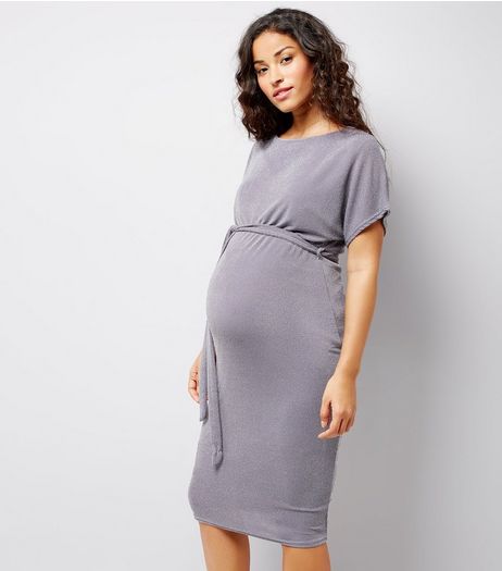Maternity Grey Metallic Belted Midi Dress | New Look