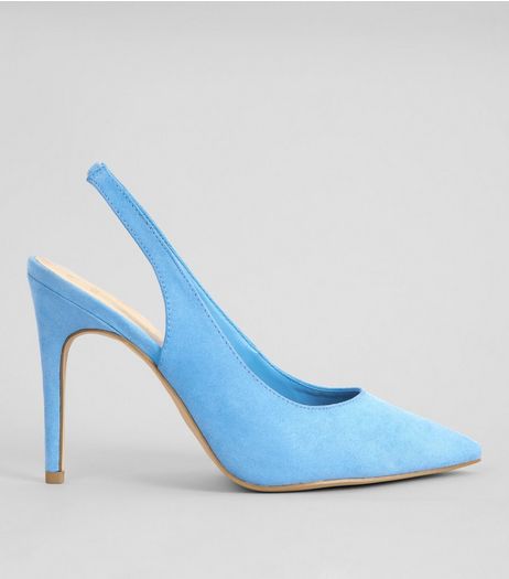 Wide Fit Light Blue Suedette Pointed Sling Back Heels | New Look