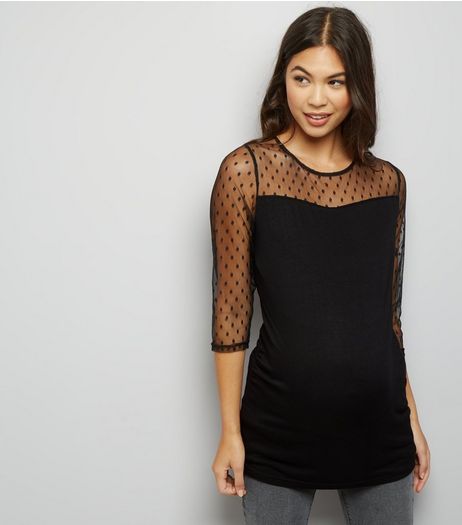 Maternity Black Spot Mesh 3/4 Sleeve Top | New Look