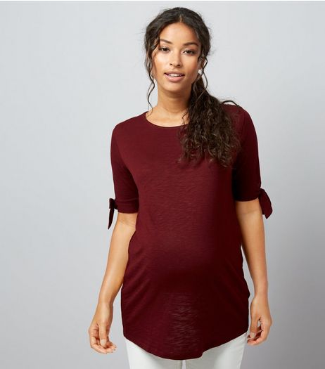 Maternity Burgundy Tie Sleeve T-Shirt | New Look