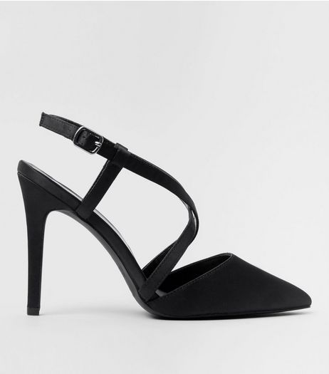 Wide Fit Black Satin Cross Strap Pointed Heels | New Look