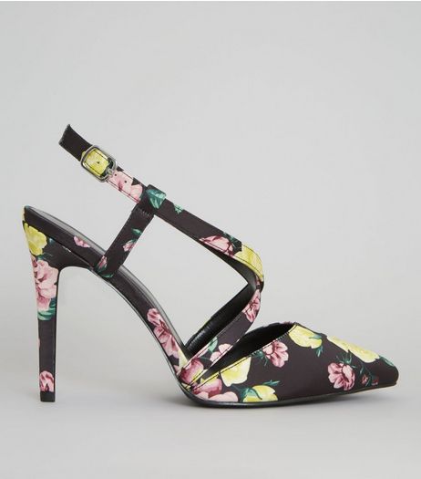 Wide Fit Black Floral Satin Pointed Heels | New Look