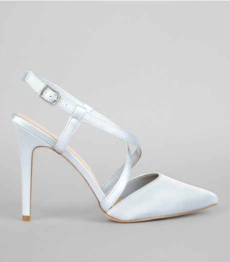 Wide Fit Pale Blue Satin Cross Strap Pointed Heels | New Look