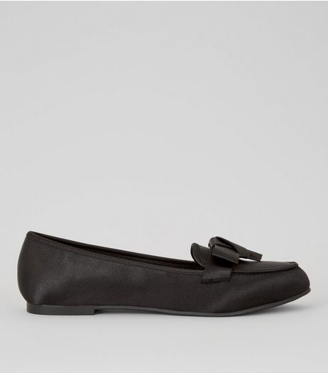 Black Satin Bow Front Loafers | New Look