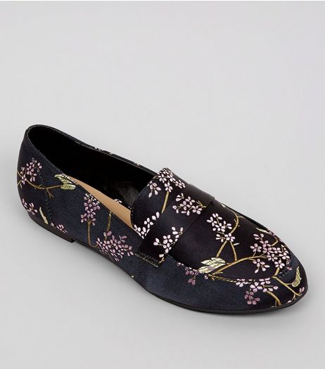 Black Satin Floral Brocade Loafers | New Look