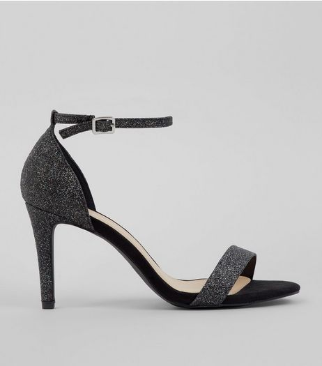 Wide Fit Black Glitter Heeled Sandals | New Look