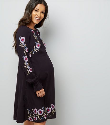 Maternity Black Floral Embroidered Balloon Sleeve Dress | New Look