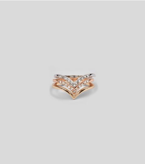 3 Pack Silver Gold and Rose Gold Wishbone Rings | New Look