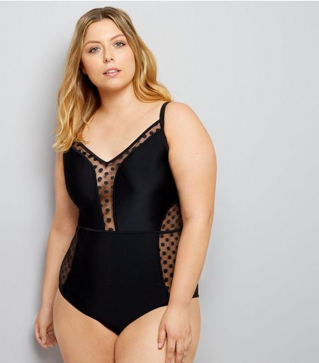 Curves Black Spot Mesh Panel Swimsuit | New Look