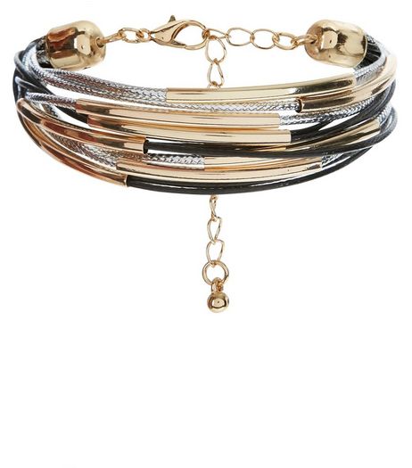 Black Metallic Metal Trim Cord Bracelet | New Look