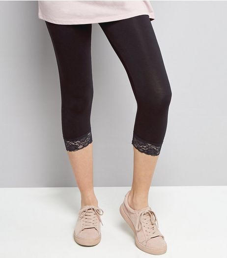 Black Lace Hem Cropped Leggings | New Look