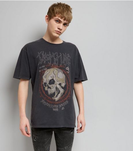 Dark Grey Acid Wash Skull Print Rock T-Shirt | New Look