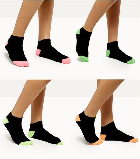 4 Pack Black Neon Trim Trainer Socks | New Look