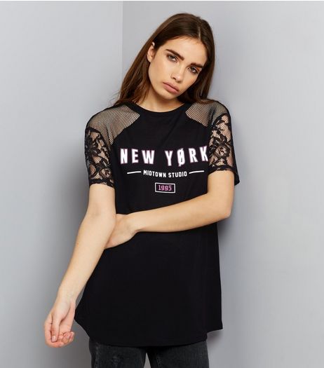 Black New York Mesh Sleeve Baseball T-Shirt | New Look