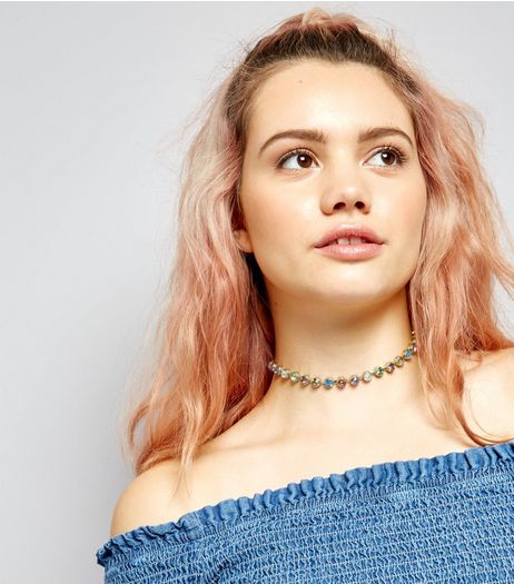 Gold Multi Coloured Stone Choker | New Look
