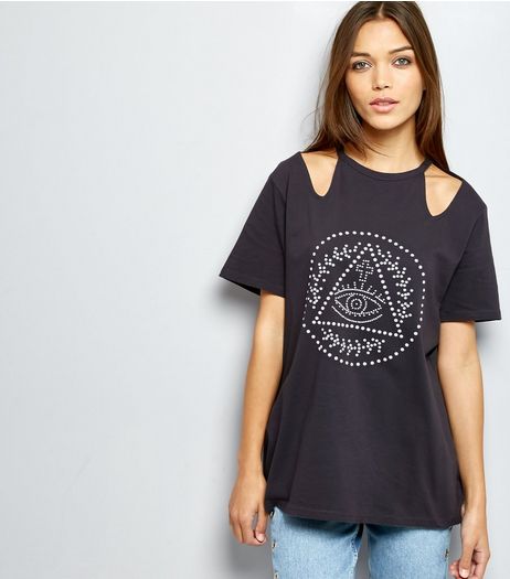 Dark Grey Eye Studded Cut Out Short Sleeve T-Shirt | New Look