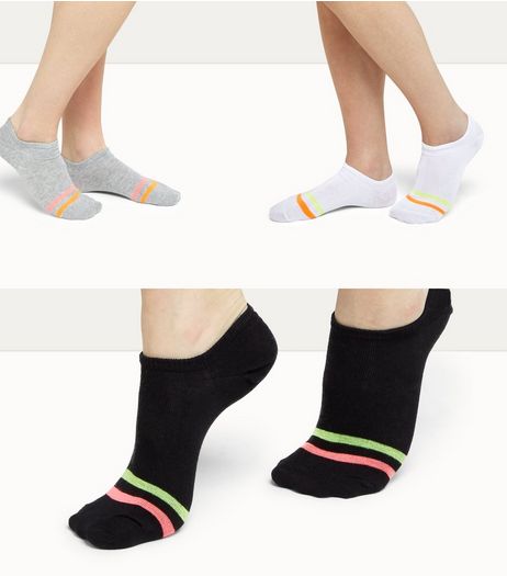 3 Pack Black Neon Trim Pop Socks | New Look