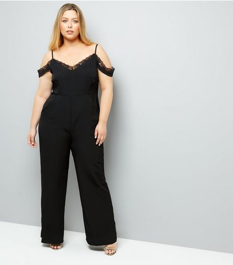 Curves Black Lace Trim Cold Shoulder Playsuit | New Look