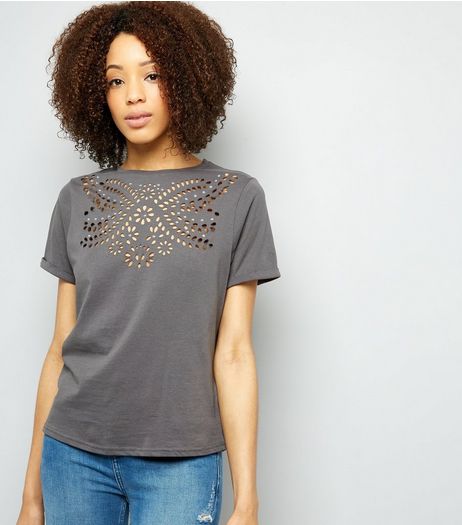 Grey Cut Out Stud Detail T-Shirt | New Look