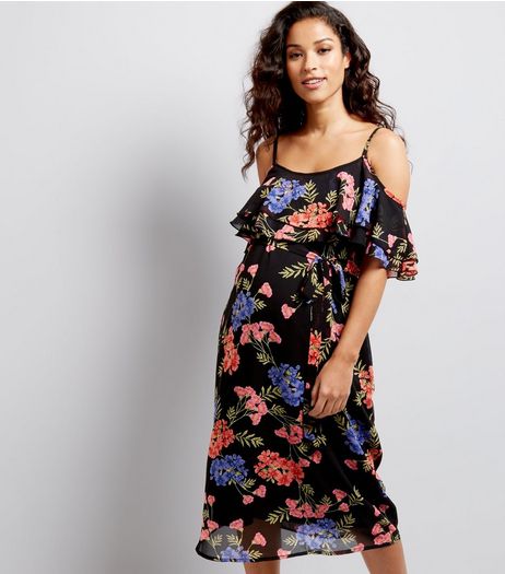 Maternity Black Floral Frill Trim Cold Shoulder Midi Dress | New Look