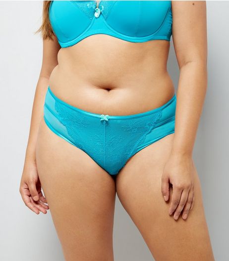 Curves Petrol Blue Lace Strap Back Brazilian Briefs | New Look