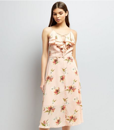Shell Pink Floral Print Frill Trim Front Midi Dress | New Look