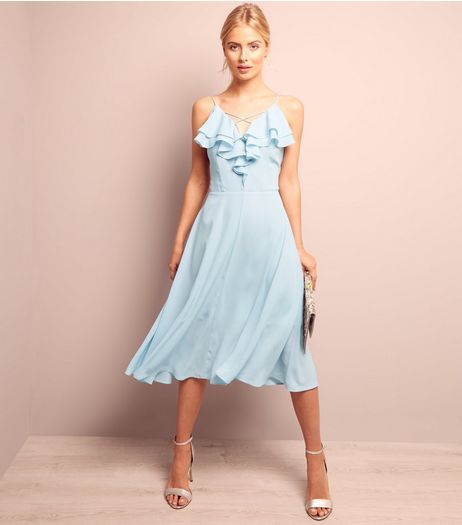 Pale Blue Frill Trim Chiffon Midi Dress | New Look
