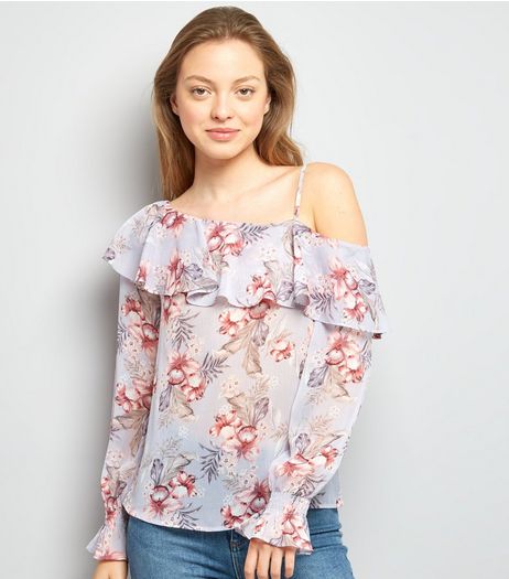 Purple Floral Print Frill Trim Off the Shoulder Top | New Look