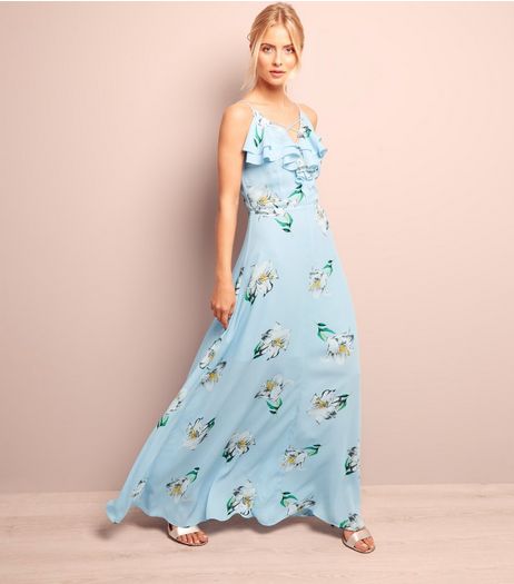 Blue Floral Print Frill Trim Maxi Dress | New Look