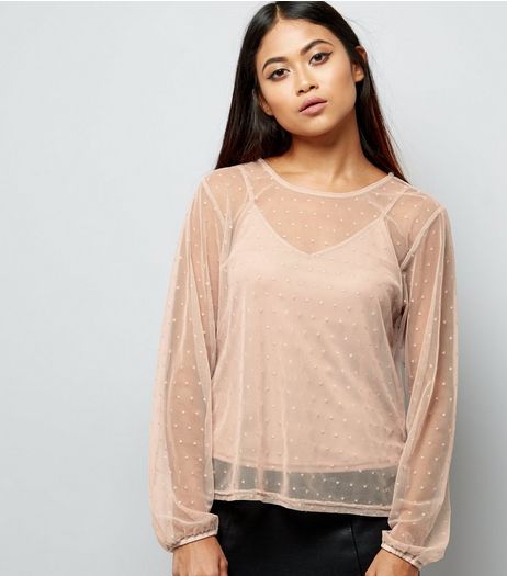 Petite Mink Spot Mesh Top With Cami | New Look