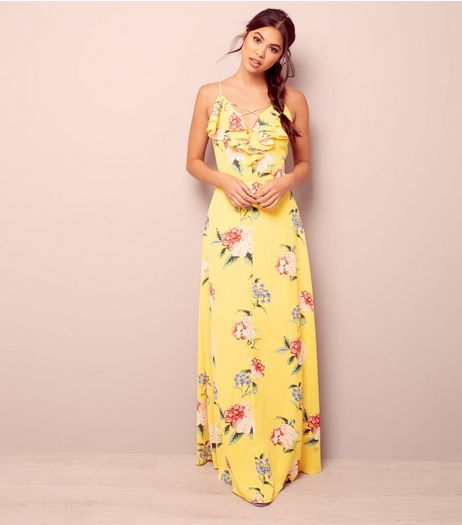 Yellow Floral Print Lattice Front Maxi Dress | New Look