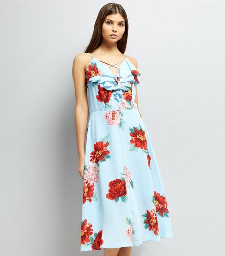 Blue Floral Print Frill Trim Midi Dress | New Look