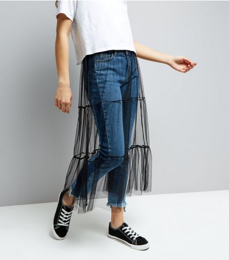Black Mesh Tiered Midi Skirt | New Look