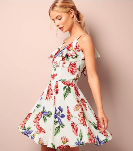 White Floral Print Frill Trim Skater Dress | New Look