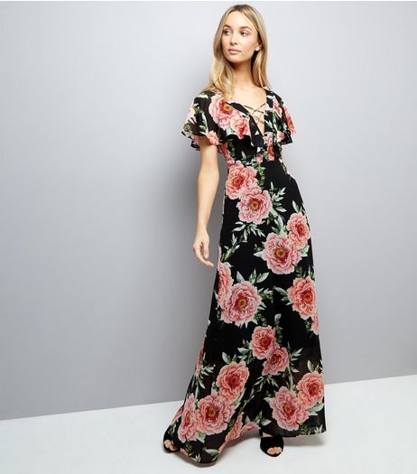 Black Floral Print Lattice Front Maxi Dress | New Look