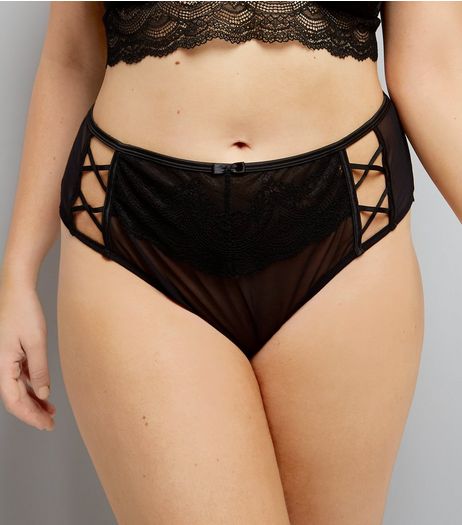 Curves Black Premium Lattice Front Lace Brazilian Briefs | New Look