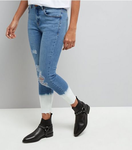 Petite Blue Dip Dye Hem Skinny Jeans | New Look