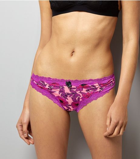 Navy Floral Print Lace Trim Short Briefs | New Look