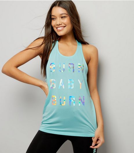 Mint Green Burn Baby Burn Print Mesh Sports Vest | New Look