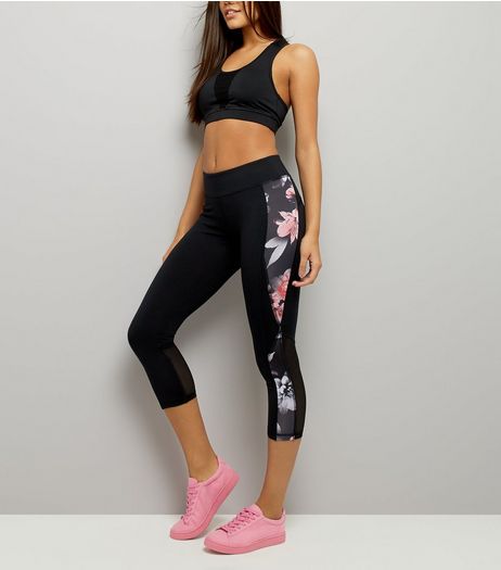 Black Floral Print Panel Sports Leggings | New Look