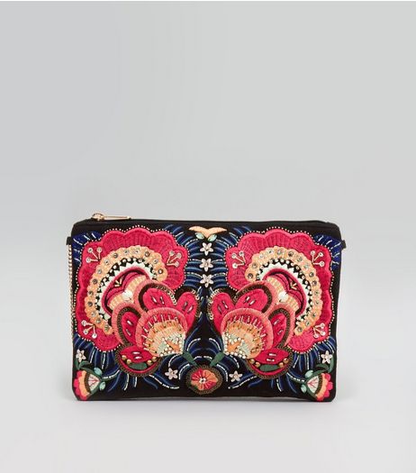 Black Floral Bead Embroirdered Clutch | New Look