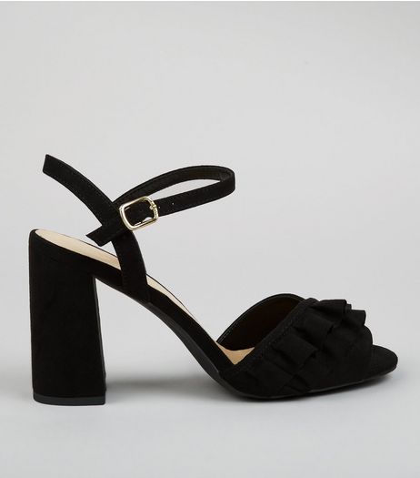 Black Suedette Frill Trim Block Heels | New Look