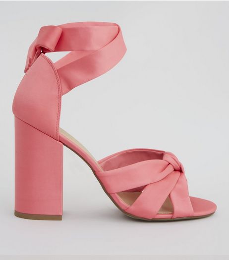 Coral Pink Satin Knot Front Block Heels | New Look