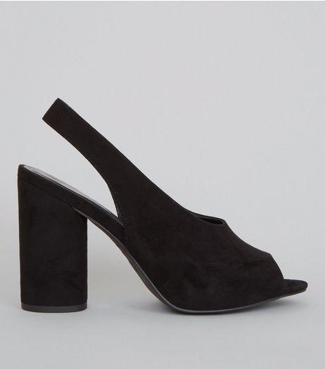 Black Suedette Peep Toe Sling Back Heels | New Look