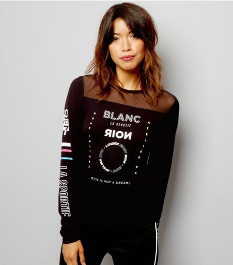 Black Mesh La Sportif Printed Long Sleeve Top | New Look