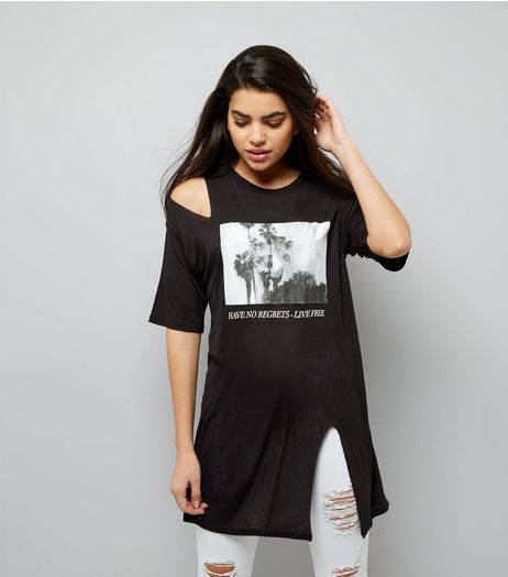 Black Photo Print Cold Shoulder Tunic Dress | New Look