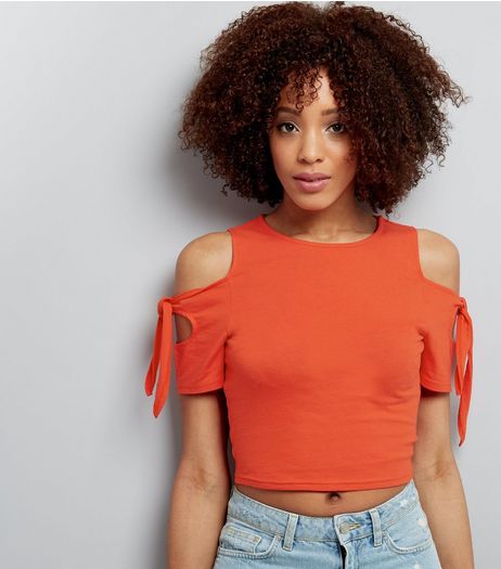 Orange Cold Shoulder Tie Sleeve T-Shirt | New Look