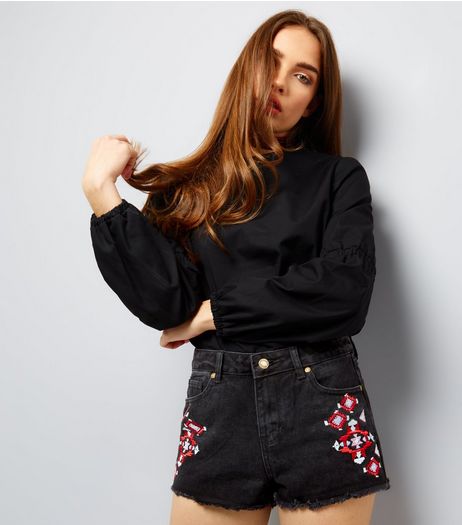 Brave Soul Black Aztec Embroidered Shorts | New Look
