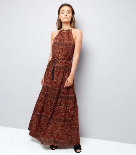 Brave Soul Brown High Neck Tie Waist Maxi Dress | New Look